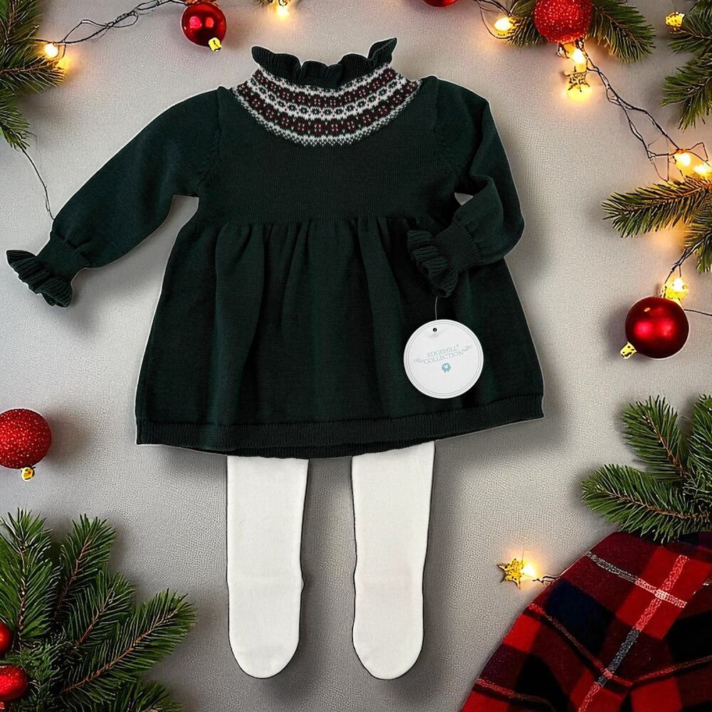 Edgehill Collection Sweater Knit Holiday Ruffle Dress Tights Baby Girl Sz 3 Mos